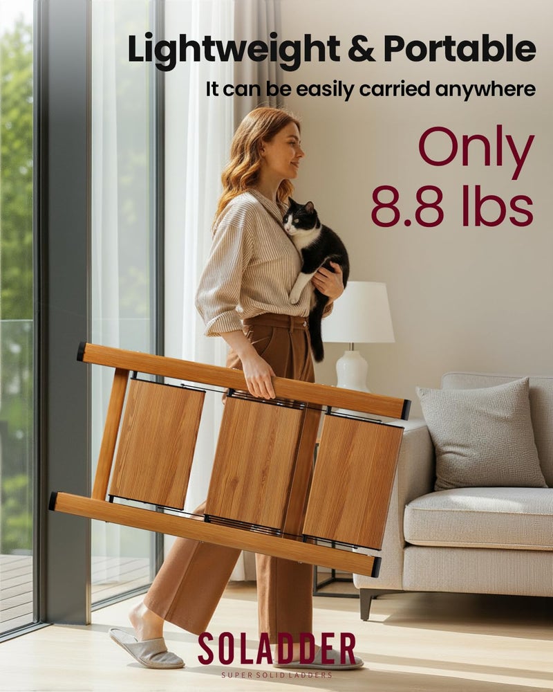 SOLADDER 3 Step Ladder, Folding Aluminum 3 Step Stool with Anti-Slip Wide Sturdy Pedal, Multi-Use for Home and Kitchen Use, Space Saving-Woodgrain(300 lbs Capacity) - Image 5