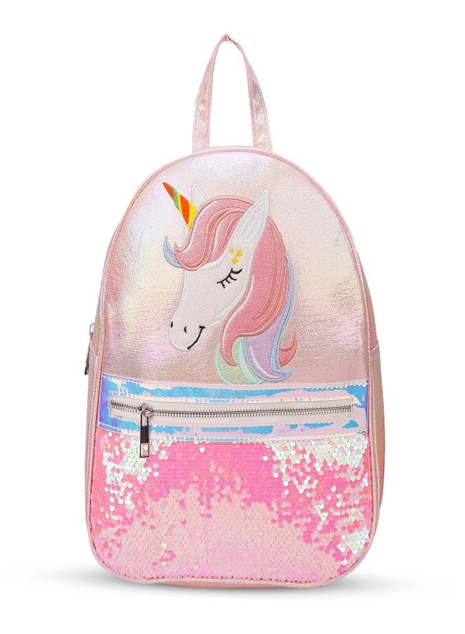 ADSON Holographic Unicorn Lightweight Travel Picnic Playschool Backpack|Schoolbag Casual Shiny Reversible Sequin School Bag Glitter Bookbag for Girls|Boys Kids 14 Inches (Rose Pink) - Image 1