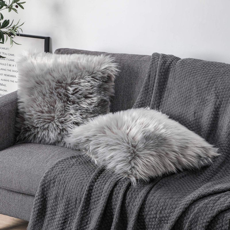 OYIMUA Fluffy Decorative Throw Pillow Covers Gray 18Ã—18, Faux Fur Farmhouse Luxury Pillow Cases,Soft Plush Fuzzy Cushion Covers for Sofa Couch Living Room Bedroom Set of 2 - Image 3