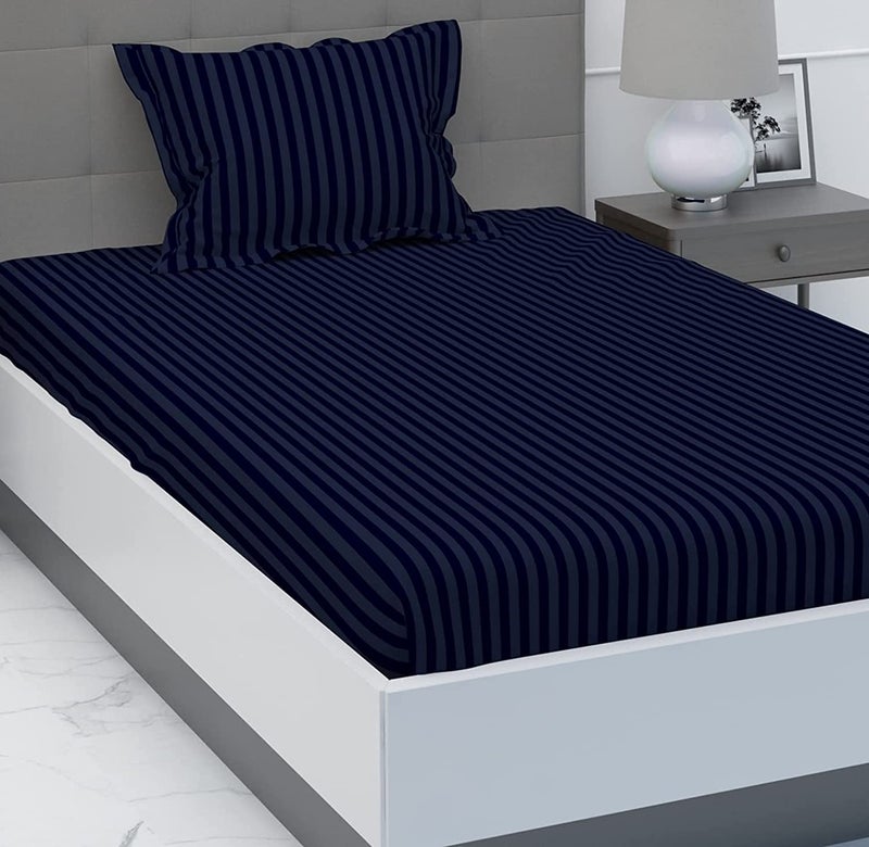 Purav Light Microfiber Flat Single Bed Bedsheet| Plain Striped Cotton Bedsheet with 1 Pillow Cover for Queen Size Bed| Supersoft 340 TC| Breathable| Wrinklefree| (Size: 60x90 inch, Navy Blue Color) - Image 4