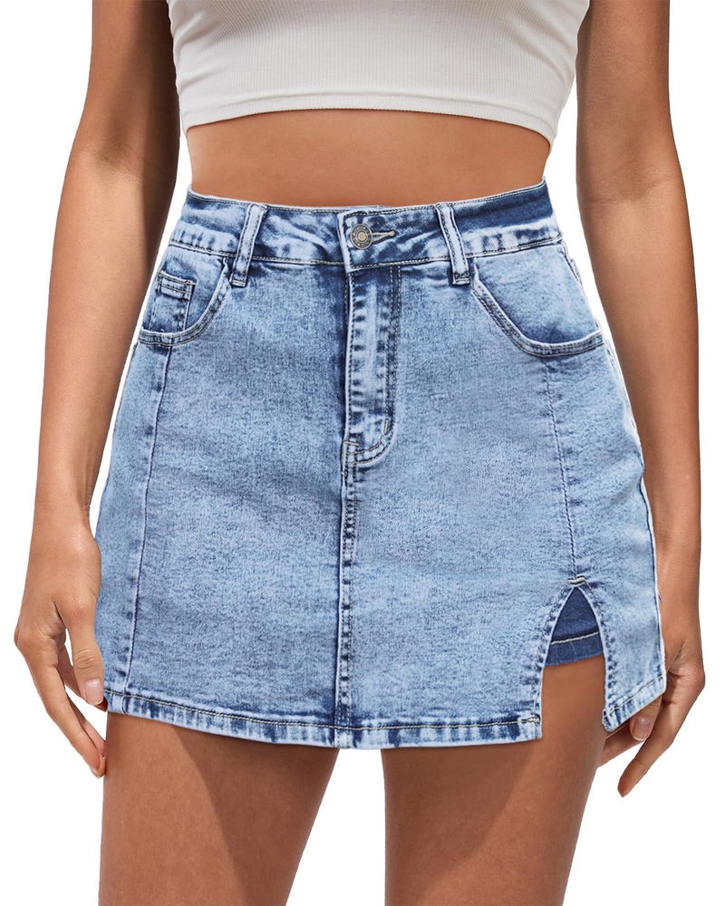 Vetinee Summer Clothes for Women Jean Skirt with Shorts Mini Elastic Waist Skirts for Women Denim Skirt Short Roadknight Blue - Acid Wash Small Fits Size 4 / Size 6 - Image 1