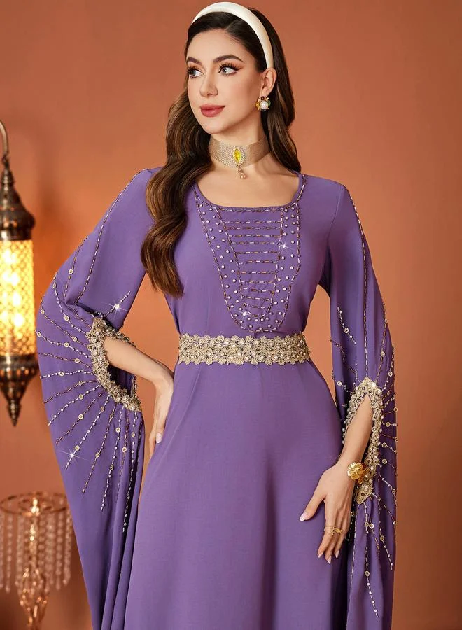 Take Two purple Women Purple Rhinestone Embellished Slit Sleeve Jalabiya for Women | Best Price UAE