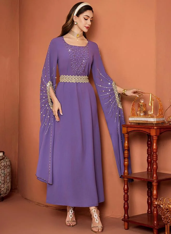 Take Two purple Women Purple Rhinestone Embellished Slit Sleeve Jalabiya for Women | Best Price UAE