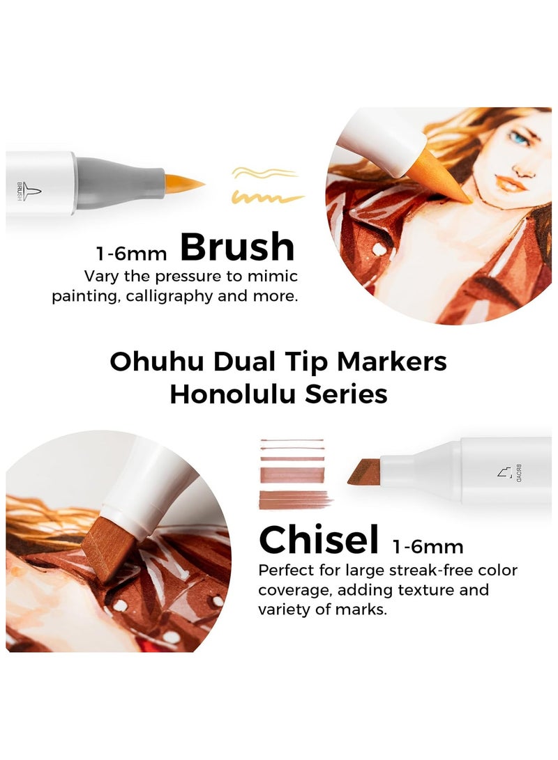 Ohuhu Skin Tone Alcohol Markers Brush Tip - 24 Portrait Color Markers for Artist Adults Coloring Illustration - Chisel & Brush - Honolulu - Refillable - Image 1