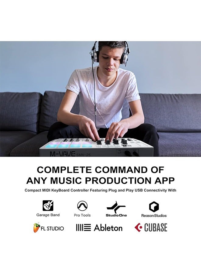 ام- فيفي M-WAVE لوحة مفاتيح USB MIDI مع 25 مفتاح، 8 وسادات درام مضاءة، بلوتوث، لوحة مفاتيح ديناميكية نصف الوزن احترافية، 8 مقبضات وإنتاج موسيقي، برنامج شامل (أبيض) - Image 2