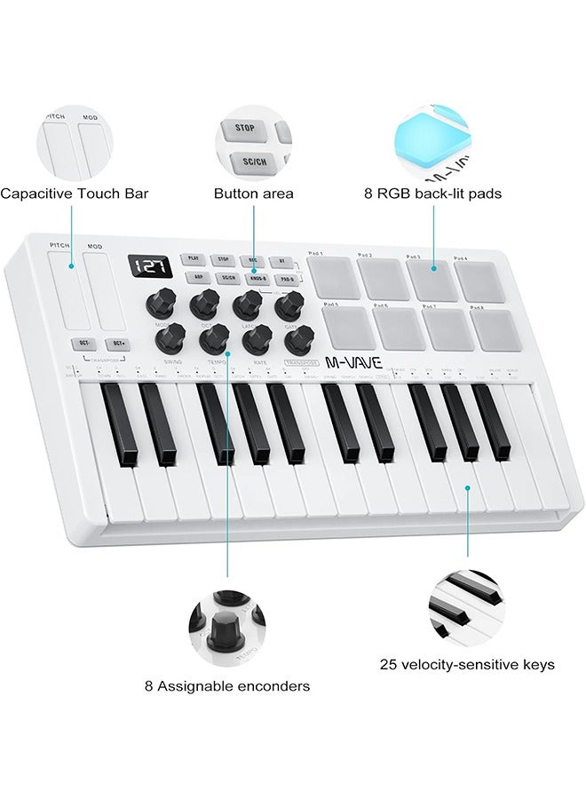 ام- فيفي M-WAVE لوحة مفاتيح USB MIDI مع 25 مفتاح، 8 وسادات درام مضاءة، بلوتوث، لوحة مفاتيح ديناميكية نصف الوزن احترافية، 8 مقبضات وإنتاج موسيقي، برنامج شامل (أبيض) - Image 3