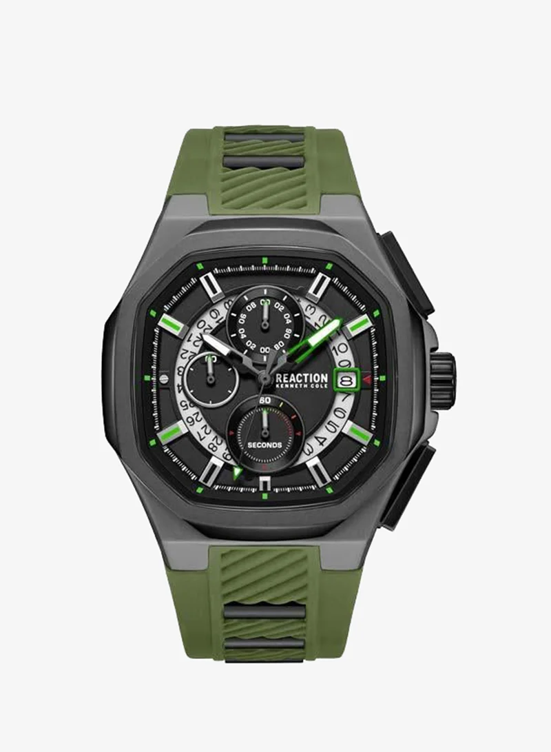 Kenneth Cole Reaction Black Dial Green Silicone Strap Chronograph Watch for Men, 45mm