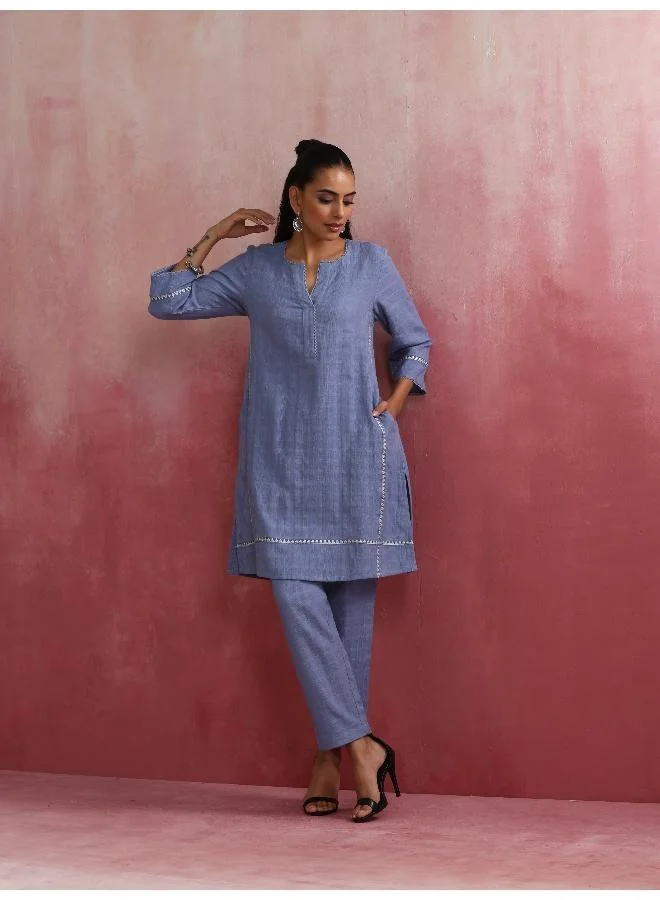 ترو برونز trueBrowns Sky BLue Cotton Kurta Co-ord set