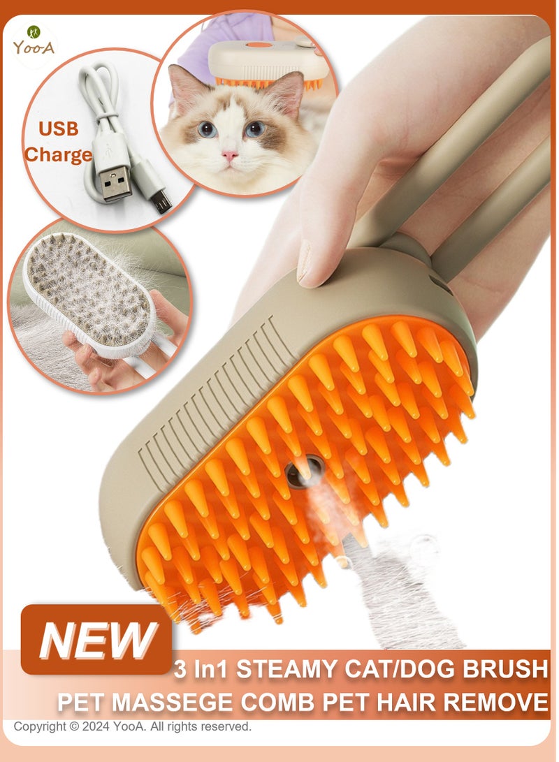 YooA 3 In 1 Steamy Rechargeable Cat and  Dog Brush/Comb | Pet Steamer Brush with Rotating Handle, Silicone Massage Grooming Pet Steam Brush for Cats Dogs,Tangled And Hair Loss Remover (Cream Yellow&Orange) - Image 1