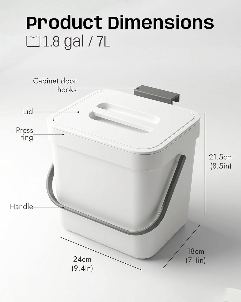MONGTINGLU Kitchen Compost Bin - 1.8 Gallons Hanging Trash Can with Lid for Kitchen Cabinet Door, Under Sink, Wall Mounted Waste Bin for Bathroom, 7L(White) - Image 2