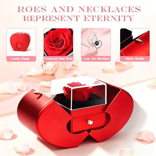 MACREATIVE Preserved Rose Apple Jewelry Gift Box with I Love You Necklace in 100 Languages Eternal Flower Gifts for Women Mom Wife Girlfriend on Birthday Anniversary Graduation - Image 3