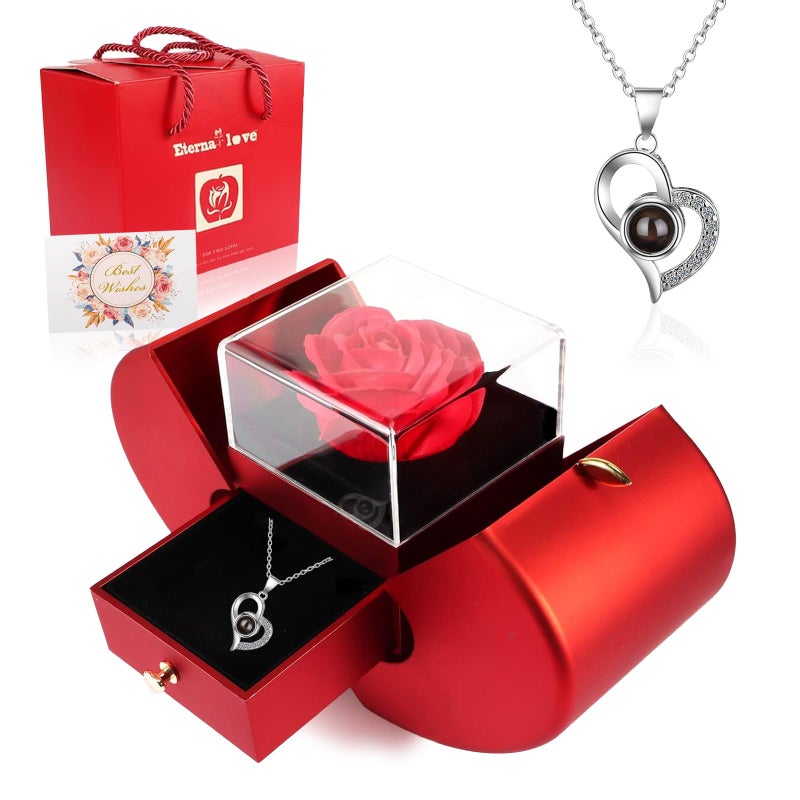 MACREATIVE Preserved Rose Apple Jewelry Gift Box with I Love You Necklace in 100 Languages Eternal Flower Gifts for Women Mom Wife Girlfriend on Birthday Anniversary Graduation - Image 2