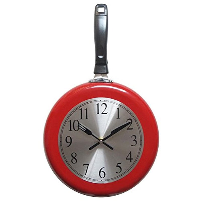 Timelike Wall Clock, 10 inch Metal Frying Pan Kitchen Wall Clock Home Decor - Kitchen Themed Unique Wall Clock with a Screwdriver (Red) - Image 1