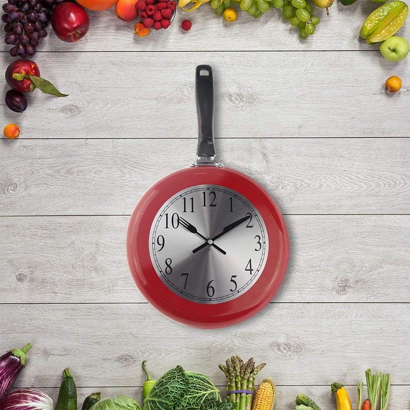 Timelike Wall Clock, 10 inch Metal Frying Pan Kitchen Wall Clock Home Decor - Kitchen Themed Unique Wall Clock with a Screwdriver (Red) - Image 5