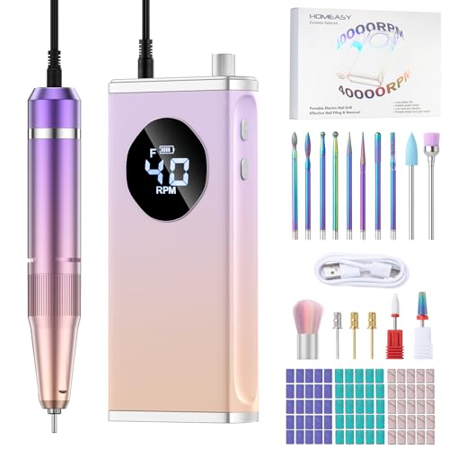 HOMEASY Electric Nail Drill 40000RPM Professional EFiler Rechargeable with 15 Drill Bits Portable Nail File Electric Nail Filer for Acrylic Nails Gel Polishing Removing for Salon Home Purple - Image 1