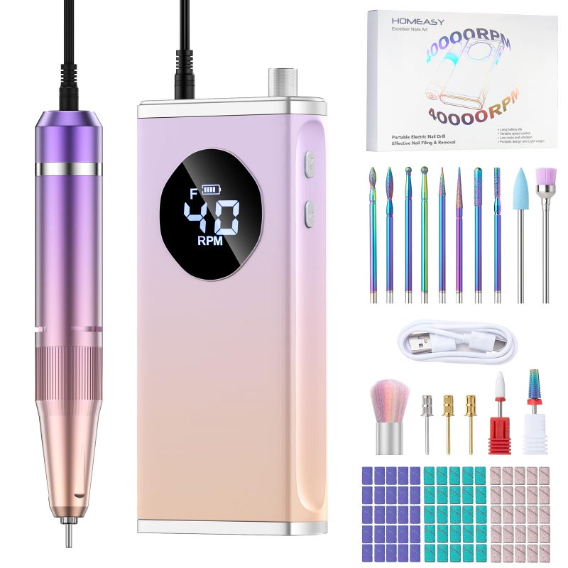 HOMEASY Electric Nail Drill 40000RPM Professional EFiler Rechargeable with 15 Drill Bits Portable Nail File Electric Nail Filer for Acrylic Nails Gel Polishing Removing for Salon Home Purple - Image 2