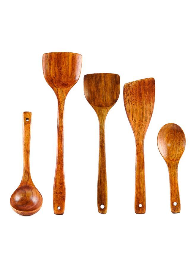 5-Piece Wooden Cooking Ladle Set Brown Rice Spoon 21.5x7, Frying Spatula 2x 39x9.5, 1x 33x8, Soup 25x7.5centimeter - Image 1