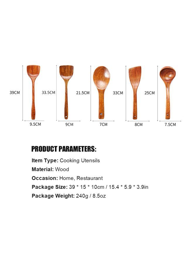 5-Piece Wooden Cooking Ladle Set Brown Rice Spoon 21.5x7, Frying Spatula 2x 39x9.5, 1x 33x8, Soup 25x7.5centimeter - Image 2