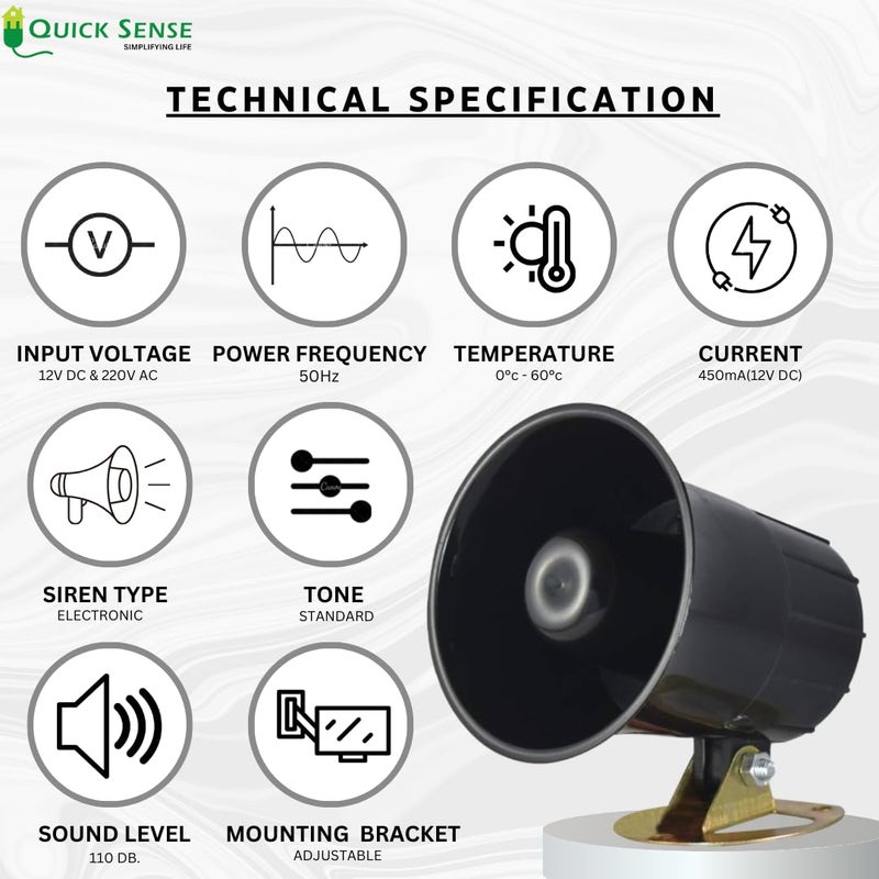 Quick Sense (Qs-H1) Plastic 220v AC High Power Hooter Security Alarm for Securities, Loud Sound 200mtrPolice Tone Sound - Image 4