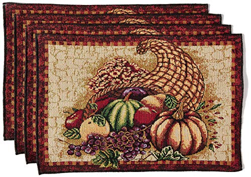 Violet Linen Fall Harvest Thanksgiving Autumn Leaves Sunflowers Fruits Pumpkins Tapestry Pattern, Polyester Cotton - Image 2