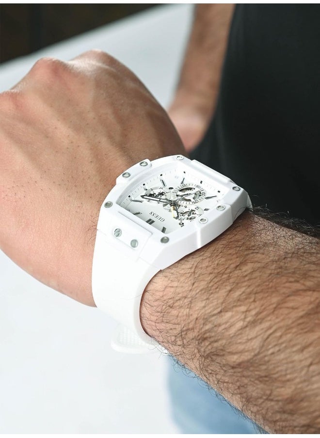 GUESS GUESS Mens Casual Multifunction 43mm Watch â€“ White Polycarbonate Case with White Skeleton Dial & White Silicone Strap  - Image 4