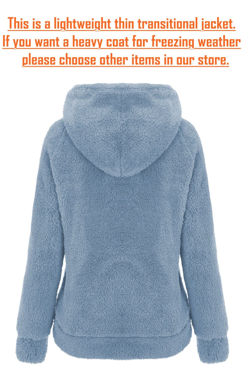 RISISSIDA Women Fleece Jacket Faux Fur Sherpa Short Coat with Hood Fall Spring Fuzzy Fluffy Furry Plush Lightweight Transitional Zip Up Hoodie Blue S - Image 4