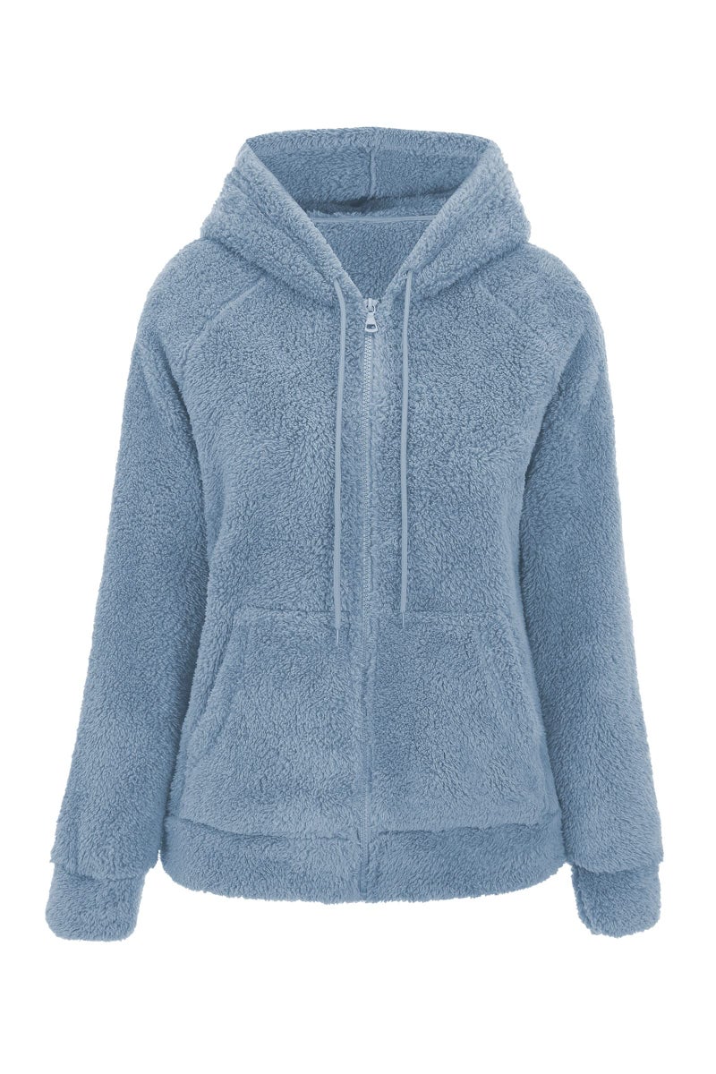 RISISSIDA Women Fleece Jacket Faux Fur Sherpa Short Coat with Hood Fall Spring Fuzzy Fluffy Furry Plush Lightweight Transitional Zip Up Hoodie Blue S - Image 1