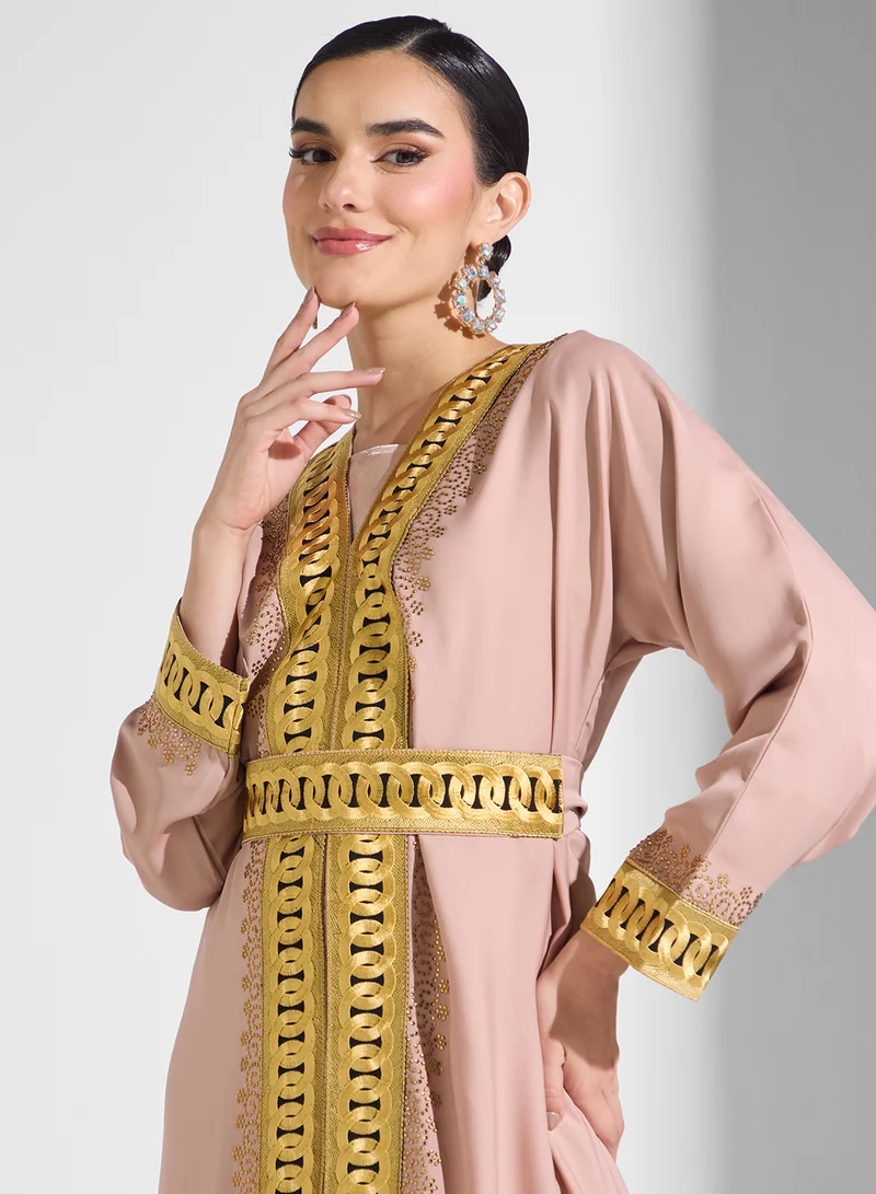 ARABIAN CLOSET Embroidered Open Abaya Wih Belt
