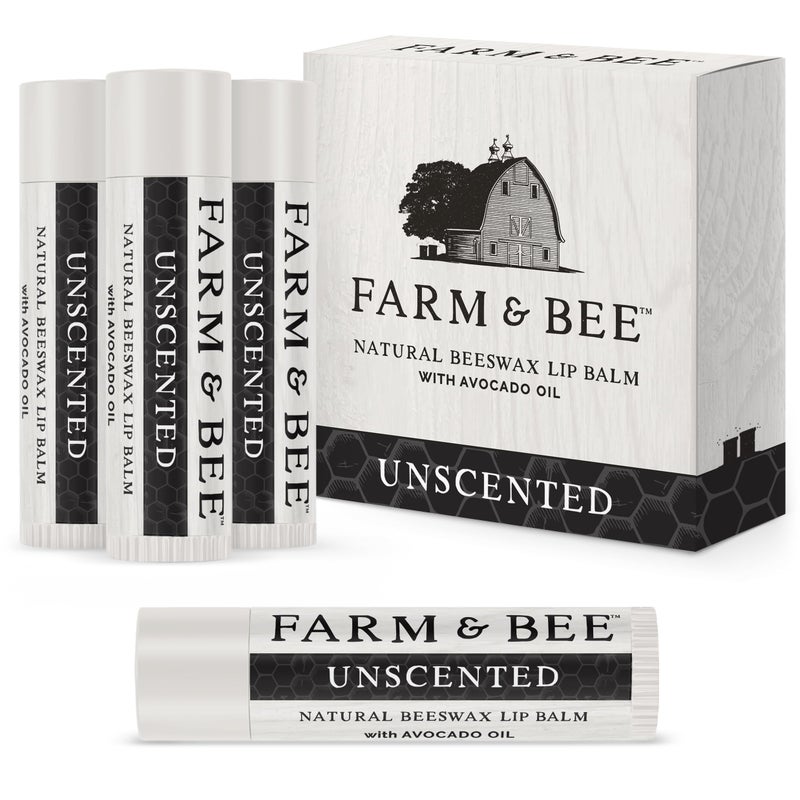 Farm & Bee Natural Lip Balm - Organic & Natural Ingredients - Beeswax Based Moisturizing Lip Care Chapstick for Chapped Lips - Great Gift Idea - Farm & Bee - 0.15oz (Pack of 4 - Unscented) - Image 1