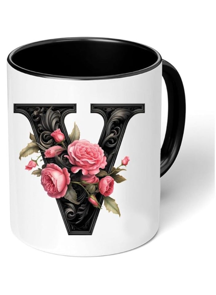 RYN® Printed Ceramic Coffee Mug Gift for Coffee and Tea Lovers 11 Oz alphabet V - Image 1