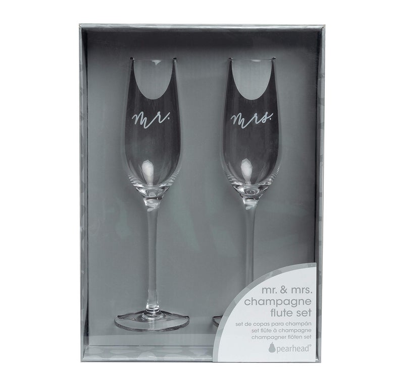 Pearhead Mr. & Mrs. Champagne Flute Set - Elegant His and Hers Wedding Toasting Glasses for Unforgettable Celebrations, Bridal Shower and Registry Idea, Tall Wine Glasses for Bride and Groom - Image 5