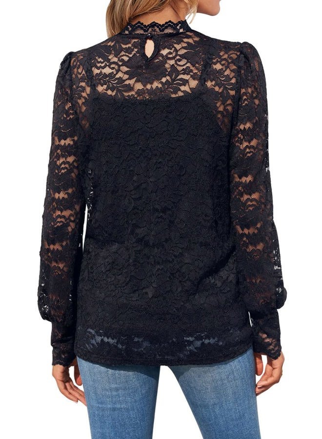 DOROSE Womens Tops and Blouses Dressy Casual Lace Floral Long Sleeve Shirts, B01- Black, L - Image 2
