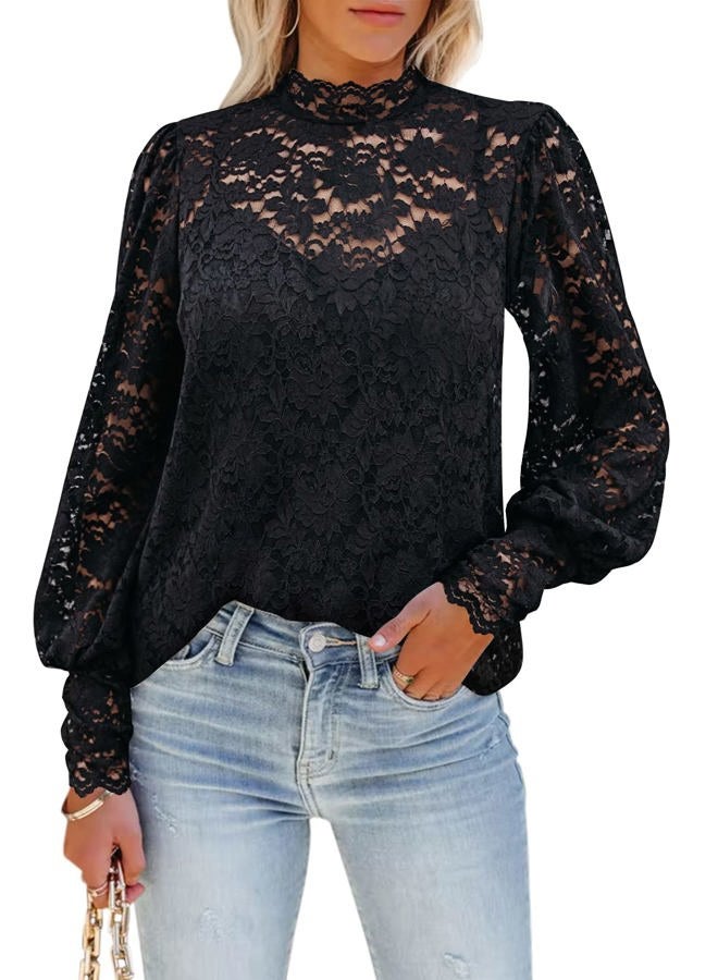 DOROSE Womens Tops and Blouses Dressy Casual Lace Floral Long Sleeve Shirts, B01- Black, L - Image 1