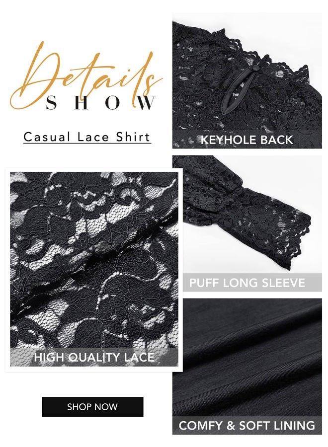 DOROSE Womens Tops and Blouses Dressy Casual Lace Floral Long Sleeve Shirts, B01- Black, L - Image 4