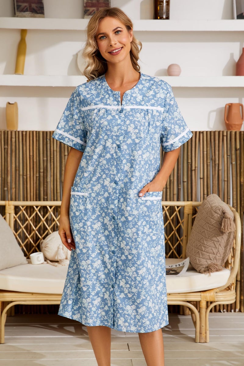 YOZLY House Dress Womens Cotton Housecoat Short Sleeve Duster Robe with Pockets Flower Blue, XX-Large - Image 2