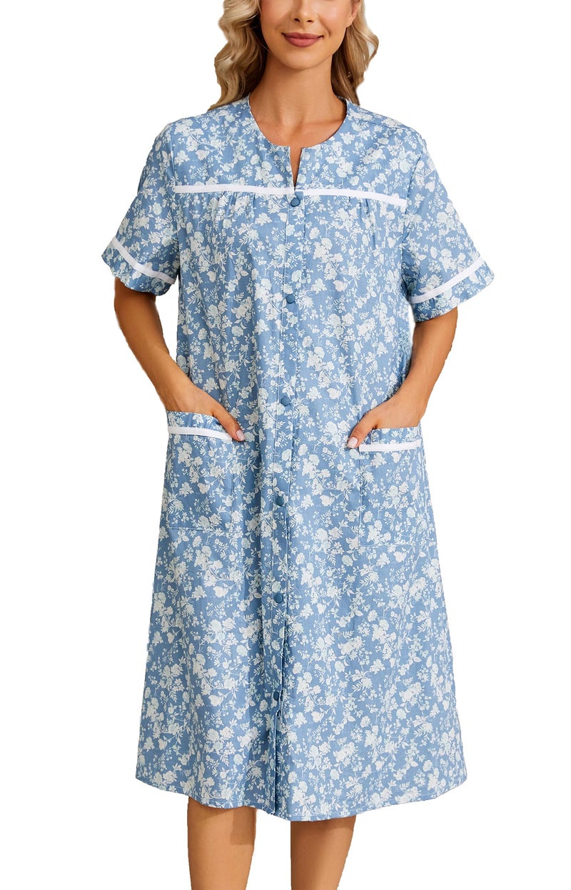 YOZLY House Dress Womens Cotton Housecoat Short Sleeve Duster Robe with Pockets Flower Blue, XX-Large - Image 1