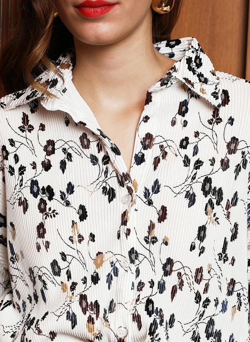 PINACOLADA PINACOLADA Women's White & Brown Pleated-Bloom Oversized Shirt For Casual Wear | Spread Collar | Long Cuffed Sleeves | Button Closure | Oversized Shirt Designed With Comfortable Fit For Woman & Girls
