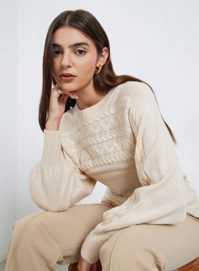 Styli Cream Balloon Sleeve Cable Knit Sweater