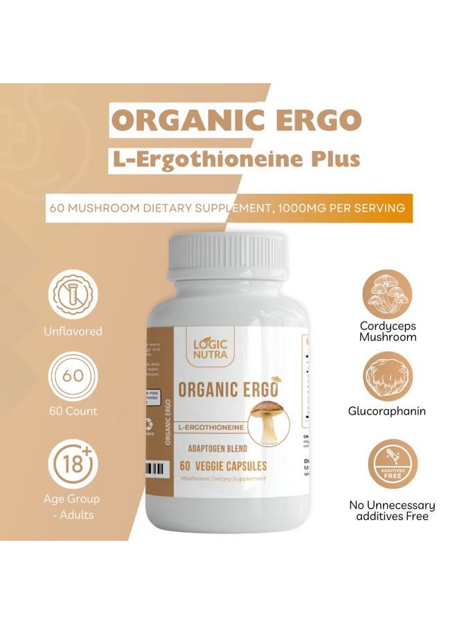 Logic Nutra L-Ergothioneine Plus Organic Blend of Cordyceps Mushroom, Lion's Mane, Reishi, Astragalus, Siberian Ginseng, Ashwagandha - Longevity, Immune Support & Brain Supplement – 60 Veggie Caps - Image 2