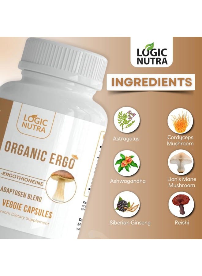 Logic Nutra L-Ergothioneine Plus Organic Blend of Cordyceps Mushroom, Lion's Mane, Reishi, Astragalus, Siberian Ginseng, Ashwagandha - Longevity, Immune Support & Brain Supplement – 60 Veggie Caps - Image 5