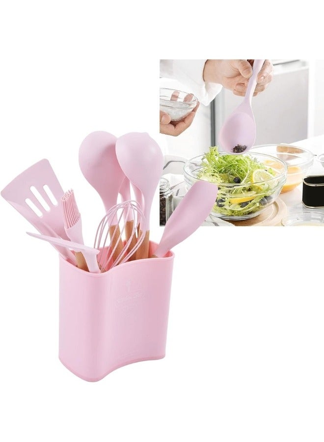 13 قطعة من طقم توزيع سيليكون مع حامل معالق ومعالق سباتولا ومساكة طعام، ادوات مطبخ مقاومة للحرارة بمقبض خشبي (بينك) - Image 2