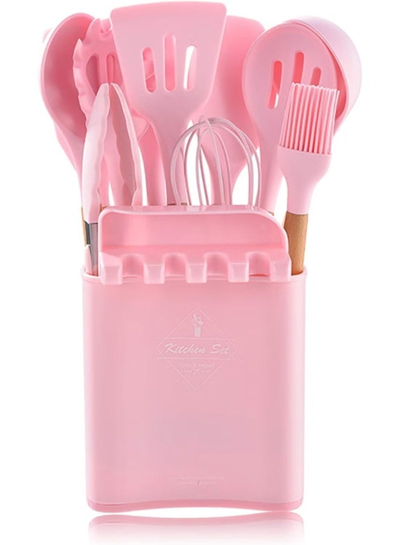 13 قطعة من طقم توزيع سيليكون مع حامل معالق ومعالق سباتولا ومساكة طعام، ادوات مطبخ مقاومة للحرارة بمقبض خشبي (بينك) - Image 4