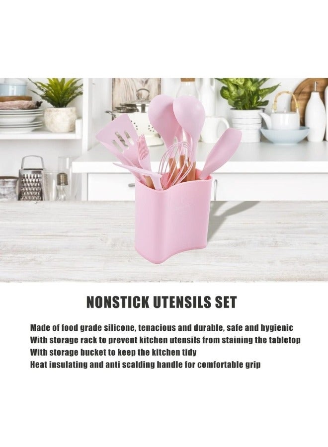 13 قطعة من طقم توزيع سيليكون مع حامل معالق ومعالق سباتولا ومساكة طعام، ادوات مطبخ مقاومة للحرارة بمقبض خشبي (بينك) - Image 3
