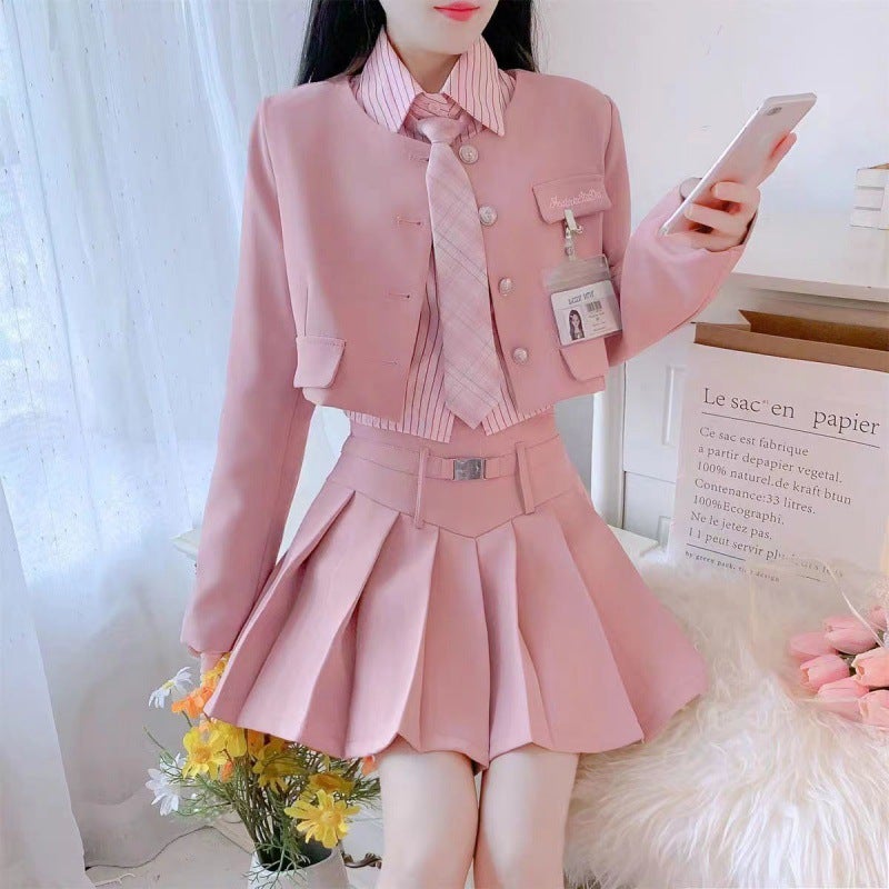 Generic British Style JK Suit Set Spring 2024 Powder shirt powder tie