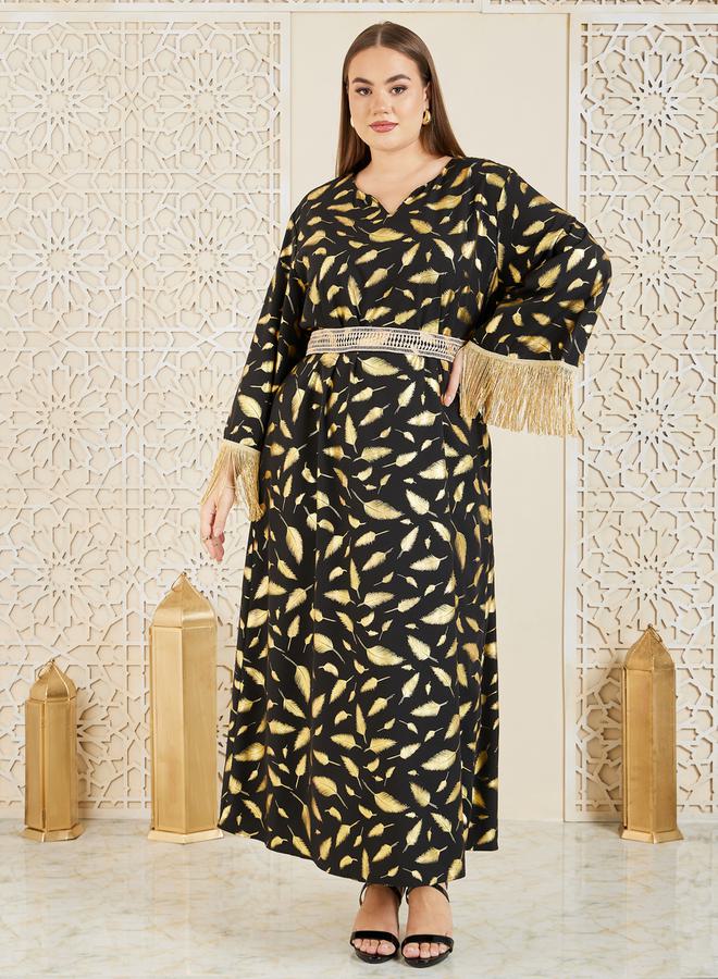 Styli Feather Foil Print Tassel Trim Sleeves Jalabiya - Image 1