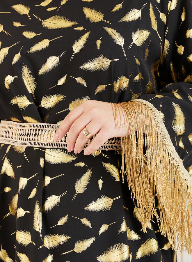 Styli Feather Foil Print Tassel Trim Sleeves Jalabiya - Image 4
