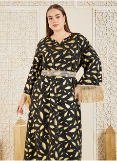 Styli Feather Foil Print Tassel Trim Sleeves Jalabiya  - Image 2