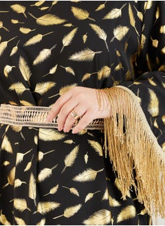 Styli Feather Foil Print Tassel Trim Sleeves Jalabiya  - Image 4