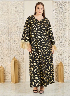 Styli Feather Foil Print Tassel Trim Sleeves Jalabiya  - Image 3