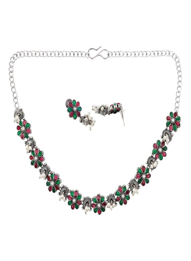 Efulgenz Indian Oxidized Jewelry Floral Faux Pearl Drop Indian Jewelry Sets for Women Antique Boho Multicolor Stone Necklace Sets Dangle Earrings Choker Necklace Earrings Set Bohemian Jewelry Set for Women - Image 5
